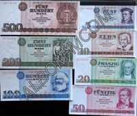 Германия ГДР полный набор из 7 банкнот 5, 10, 20, 50, 100, 200, 500 марок. (10 марок замещенная серия ZX) UNC 