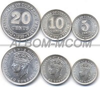 Малайя (Малайзия) набор из 3 монет 1939-1941 год. 5, 10, 20 центов. Георг VI. UNC. Серебро.